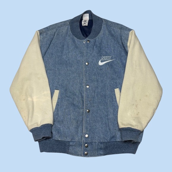 Nike Other - Vintage Nike Denim Varsity Jacket Blue Cream Mens Large Snap Front 90s Sport